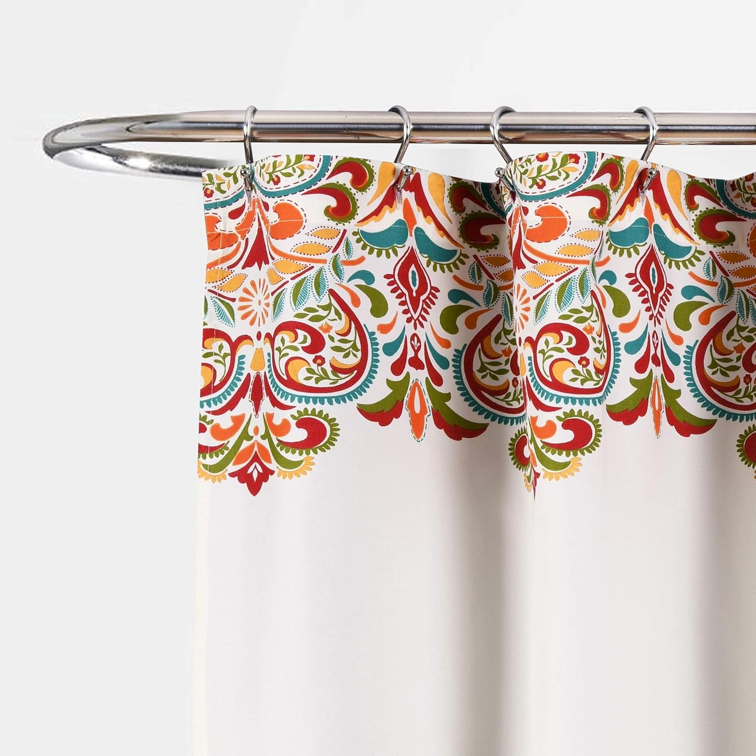 Clara Shower Curtain - Fabric Colorful Boho Paisley Damask Print Design, 72” X 72”, Turquiose & Tangerine