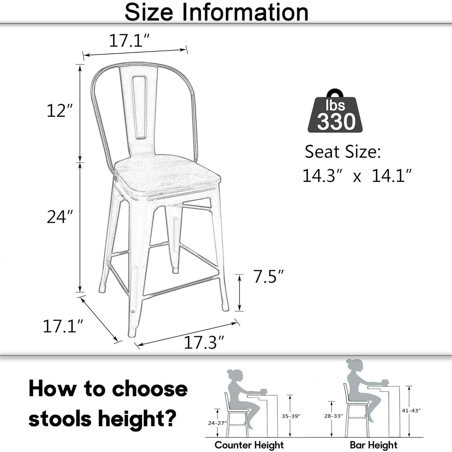 Metal Bar Stools Set of 4,24 Inch Barstools Counter Height Bar Stool with Backs Farmhouse Bar Stools with Larger Seat High Back Kitchen Dining Chairs Modern Bar Chairs 24" Silver Stool