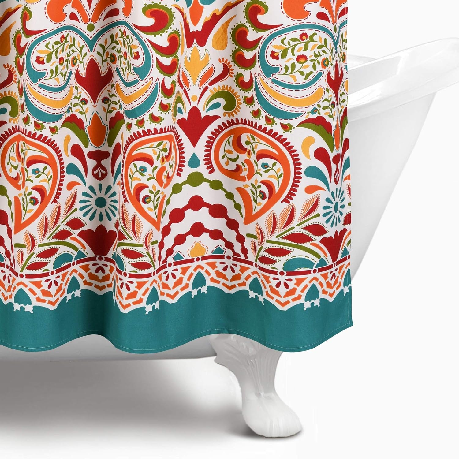 Clara Shower Curtain - Fabric Colorful Boho Paisley Damask Print Design, 72” X 72”, Turquiose & Tangerine