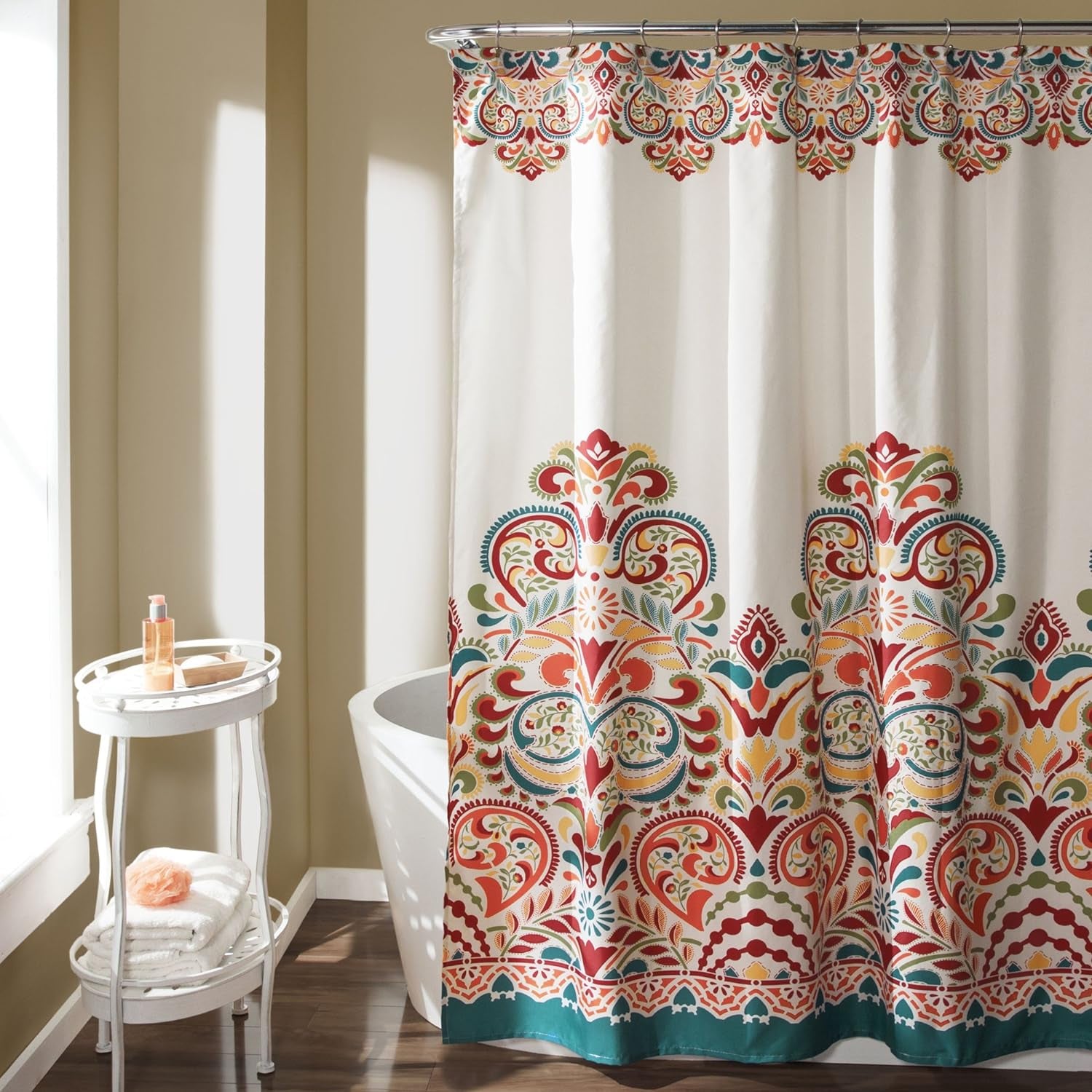 Clara Shower Curtain - Fabric Colorful Boho Paisley Damask Print Design, 72” X 72”, Turquiose & Tangerine