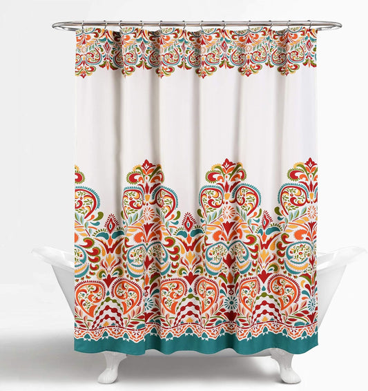 Clara Shower Curtain - Fabric Colorful Boho Paisley Damask Print Design, 72” X 72”, Turquiose & Tangerine